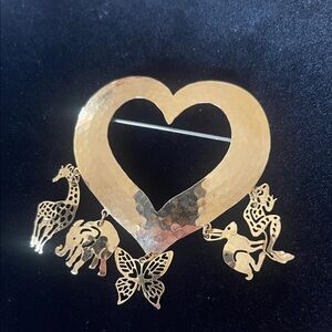 Charming Gold Heart Brooch with Animal Pendants